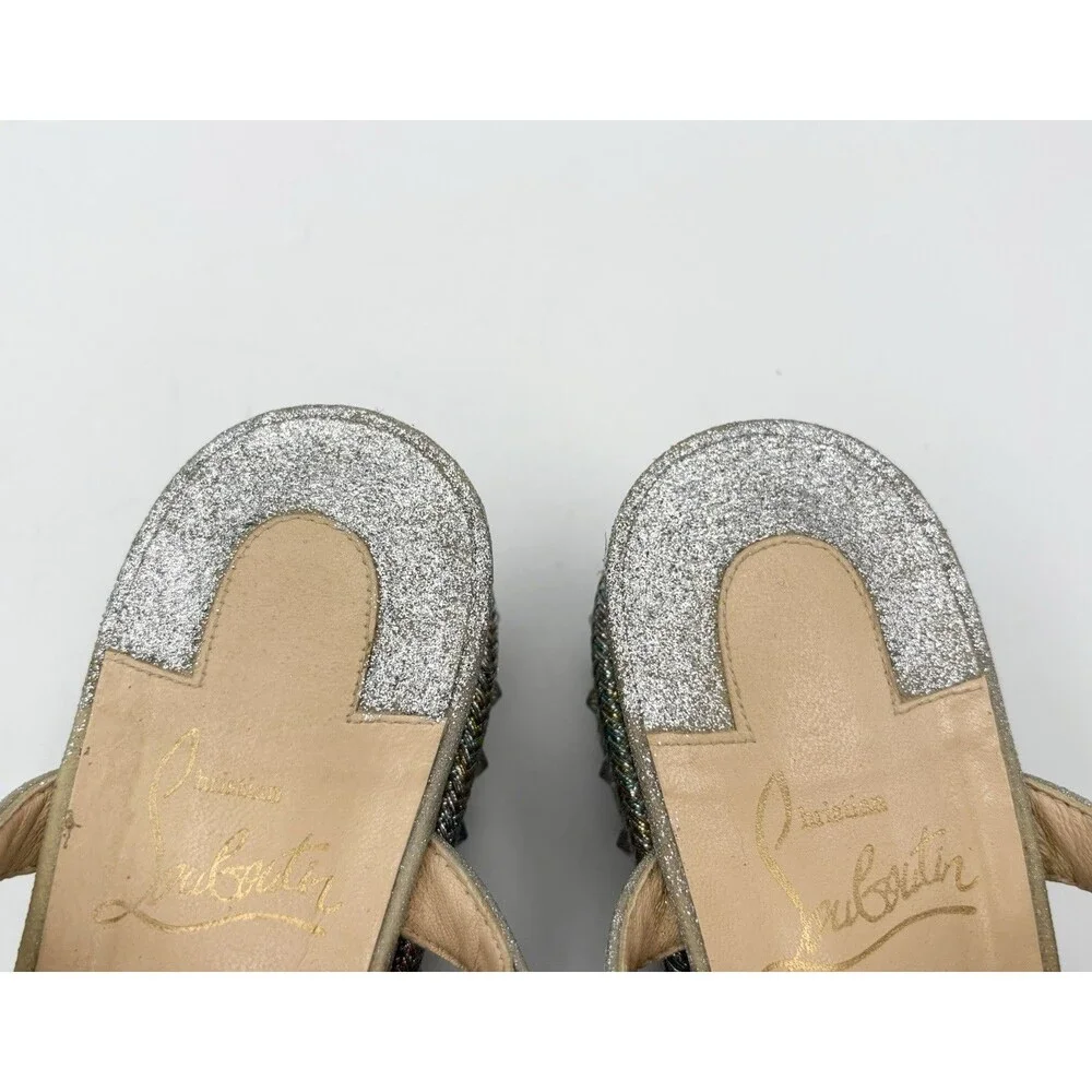 Christian Louboutin Cataclou 60 Silver Glitter Platform Sandals Wedges Sz EU 37